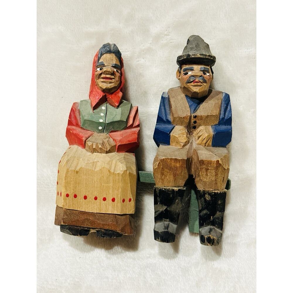 Wooden Hand Carved Denmark Couple Sitting On Bench Vtg Art Deco Rustic Collector
